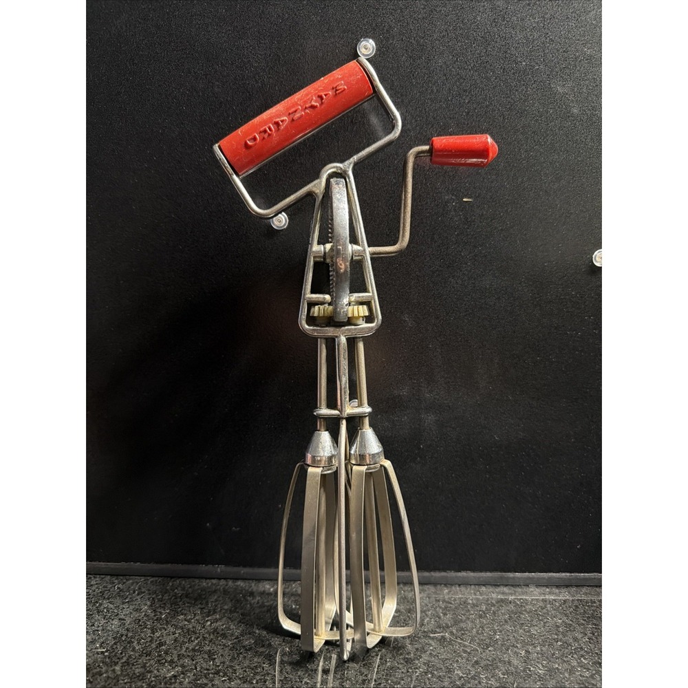 Vintage Maynard Egg Beater Hand Mixer Red Handle Farm Kitchen Collectible